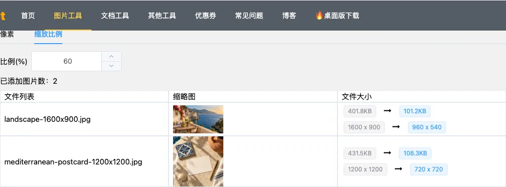 图片压缩工具在缩放比例60%时显示两张图片各自的预估体积和输出尺寸