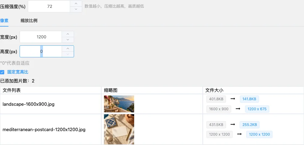 图片压缩工具设置压缩强度72和宽度1200后显示两张图片的体积及像素预估